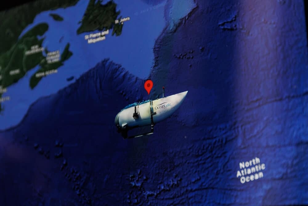 Missing Titanic submarine OceanGate place of disappearance on map. Selective focus on map.