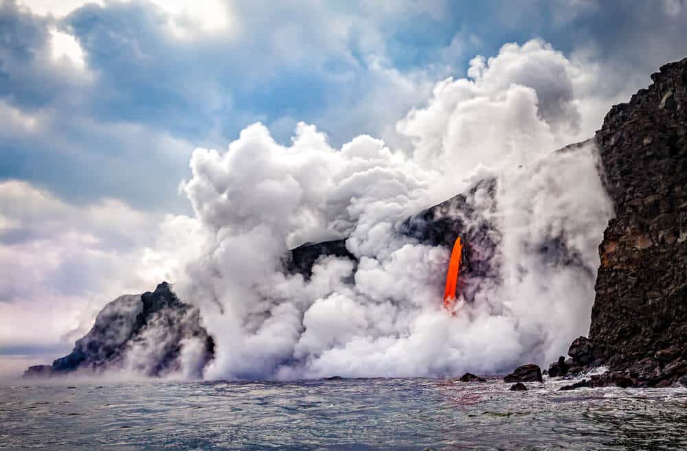 Wide shot of the Kamokuna ocean entry in Hawaii's Volcano National Park