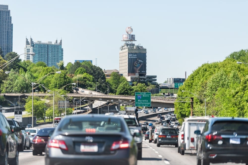 Atlanta, USA - April 20, 2018: I-85 Interstate 85 highway road street during day in capital Georgia city,